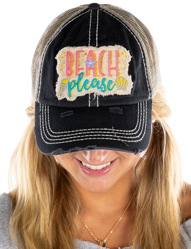 Funky Junque Women's Vintage Distressed Beach Baseball Cap Hat with Embroidered Patch Adjustable Unconstructed - Beach Please Metallic - Black